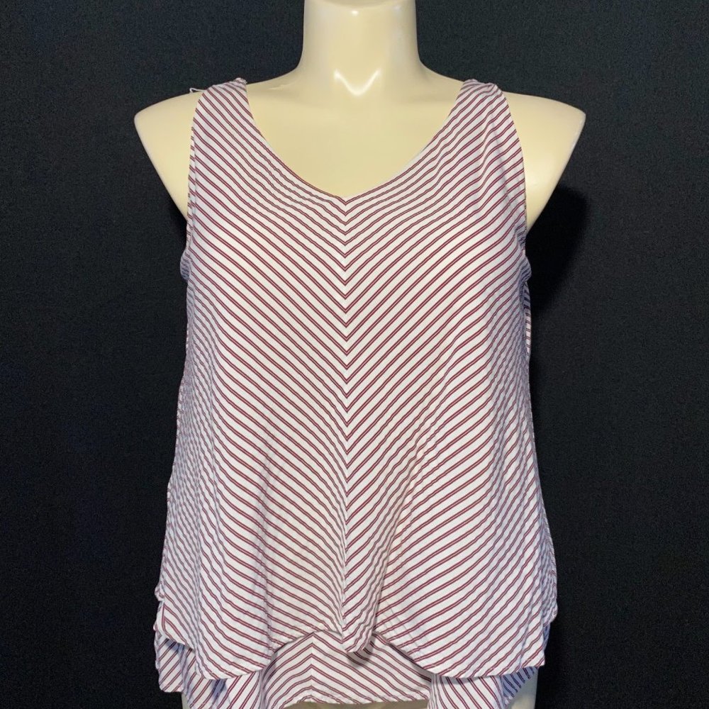 LOFT L Tunic Top Burgundy Striped Sleeveless Stretch Casual Lined‎ Dry Clean